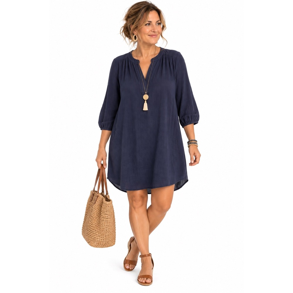 LOFT Navy Blue Cotton Gauze Split Neck Shift Dress 3/4 Sleeve Coastal Minimalist